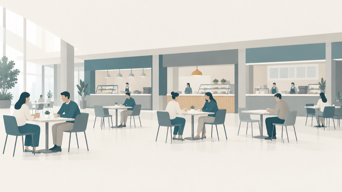 フードコートの共用席に落ち着いて座る人たちと、奥に並ぶカウンター店舗のイラスト