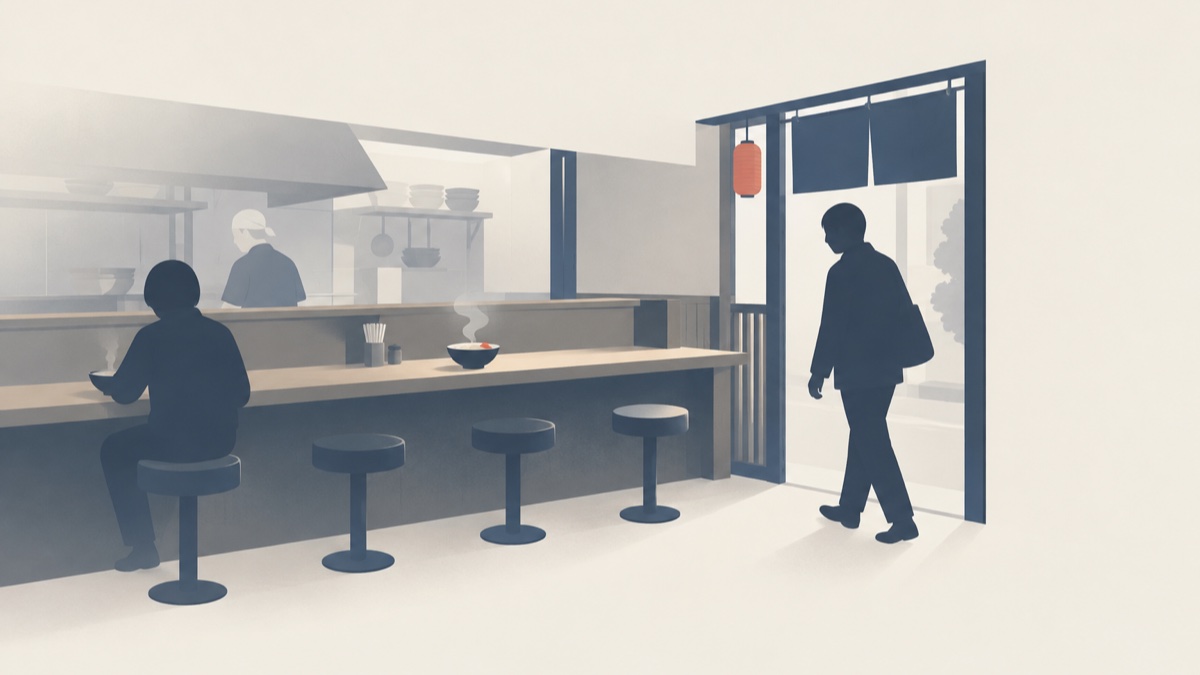 ラーメン店のカウンターに空いた席が並び、次の方が店の入口から入ってくる様子のイラスト