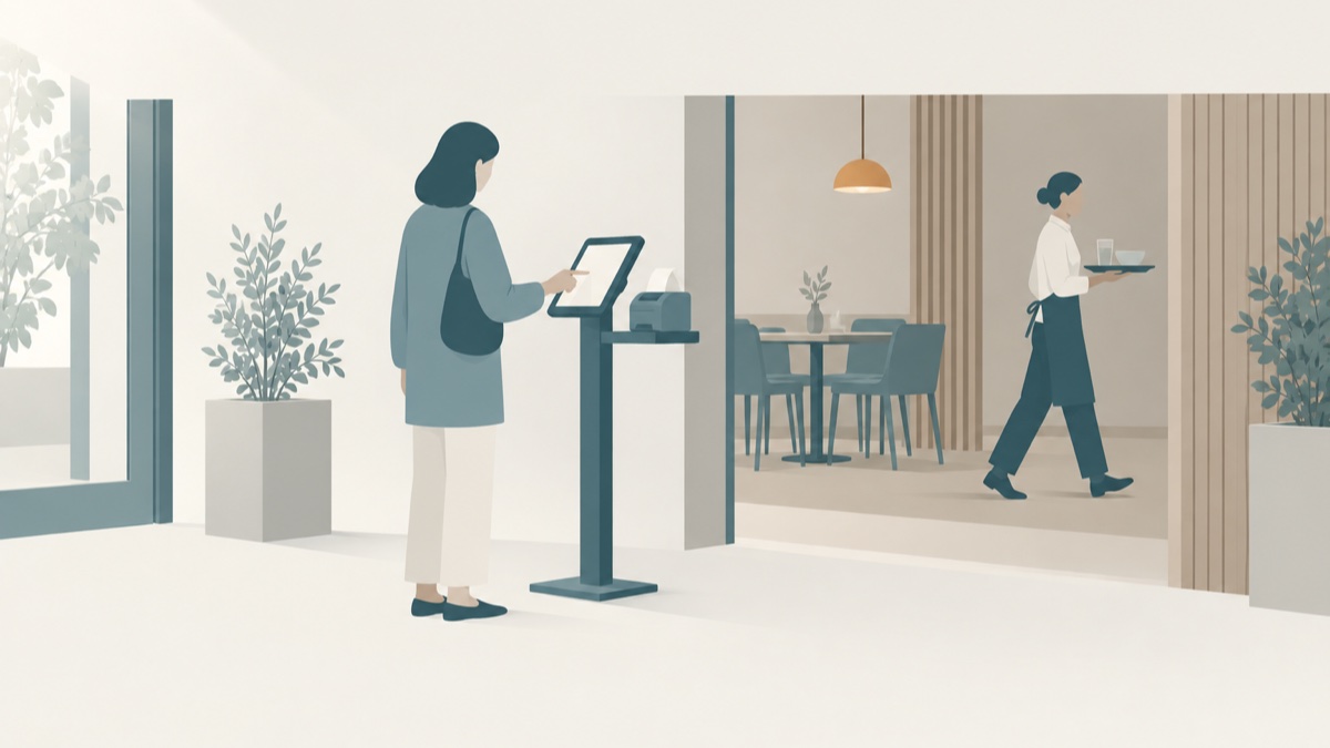 店の入口で来店された方が発券用のタブレットを操作し、奥でスタッフが料理を運ぶイラスト