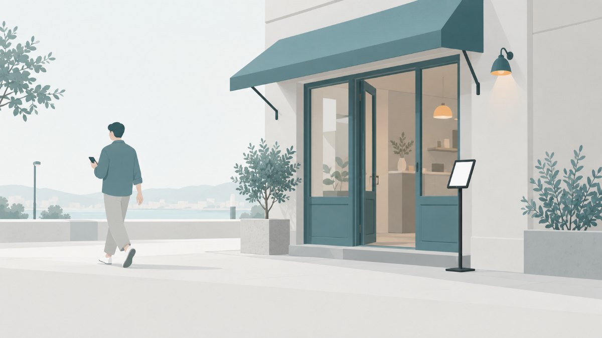 店先に置かれた画面が空白の受付端末のそばを、スマートフォンを見ながら歩き去る人のイラスト