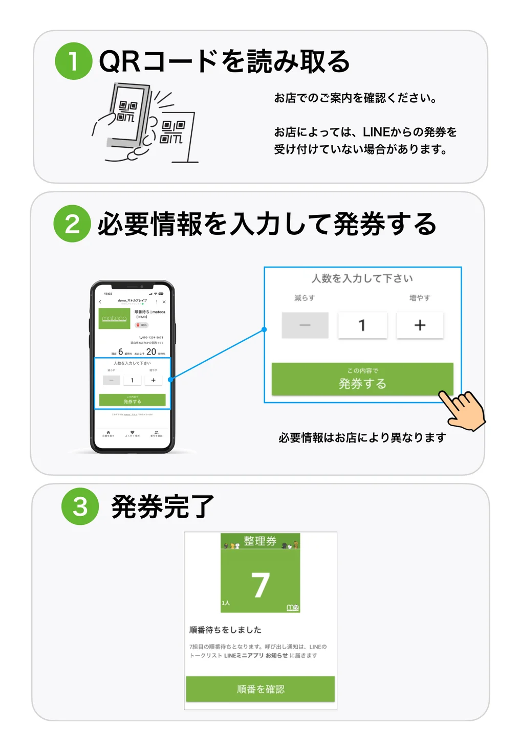 お店のQRコードを読み取り、人数を入力して「この内容で発券する」を押すと整理券が発行されるまでの3ステップの画面例